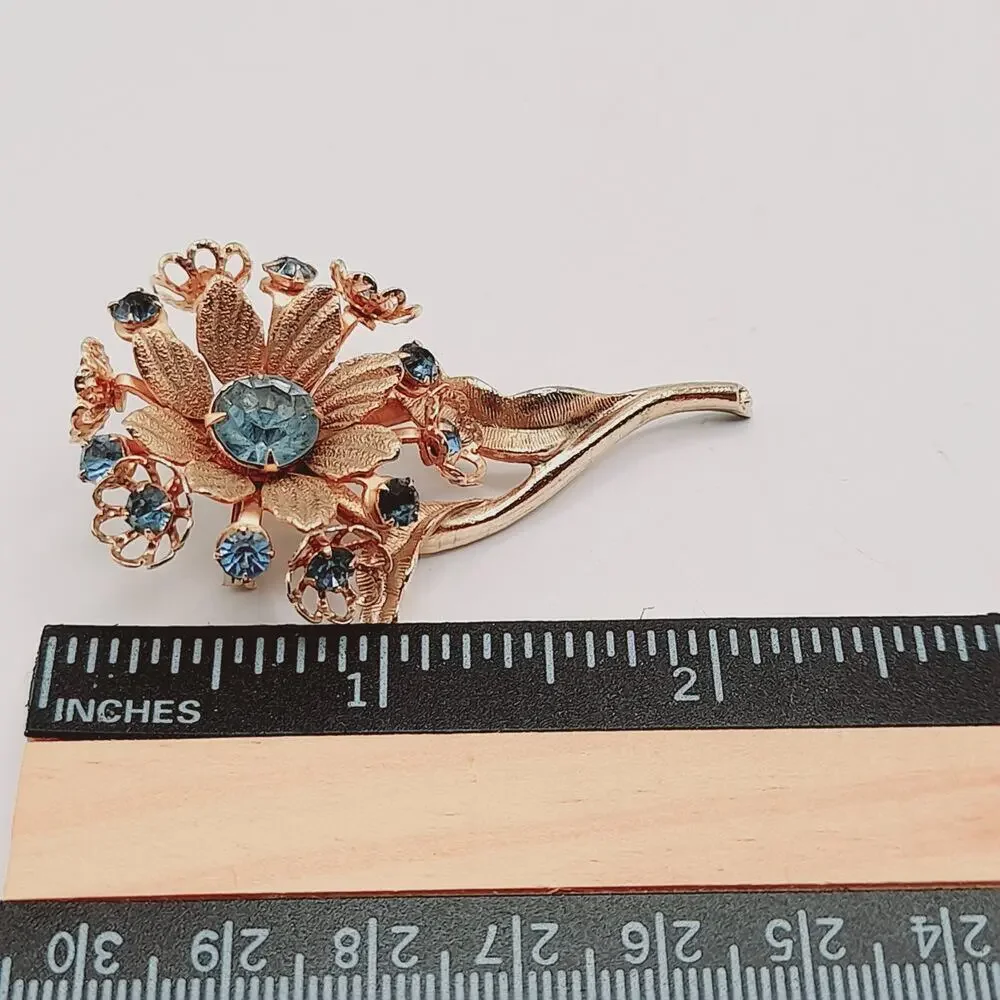Vintage Blue Rhinestone Flower Brooch Gold Tone Floral Stem Pin